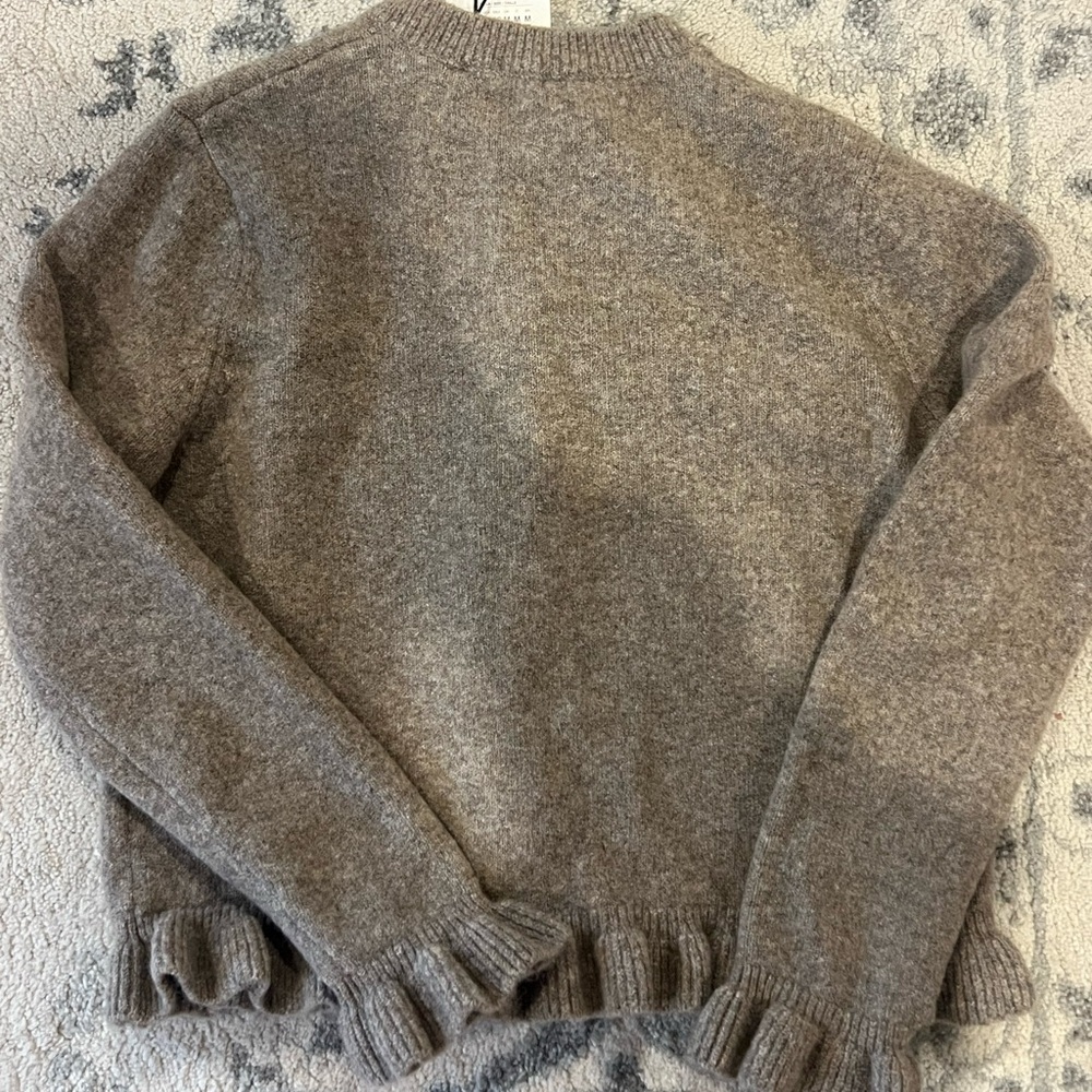Zara Ruffle-Trim Crewneck Cardigan - Taupe Brown - Picture 3 of 4